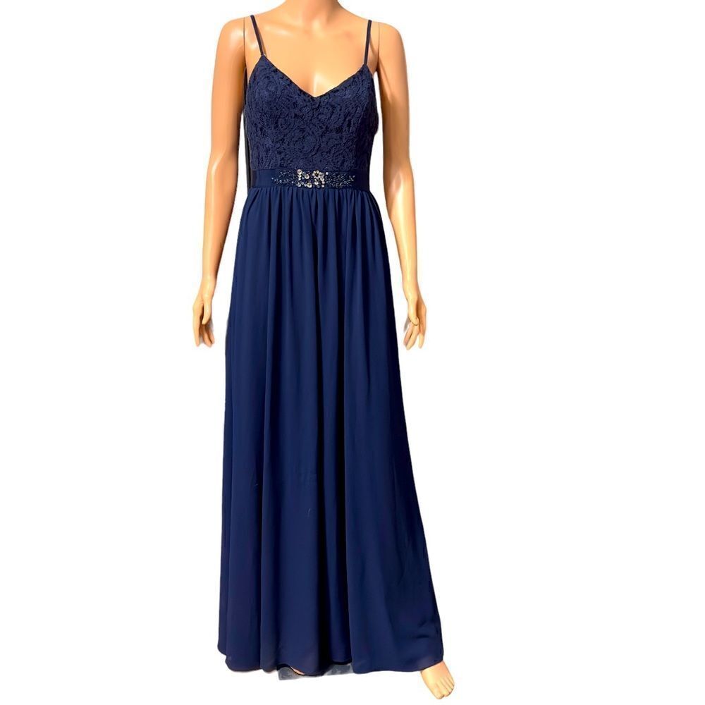 INA (i:na) Navy Lace Spaghetti Strap Long Gown